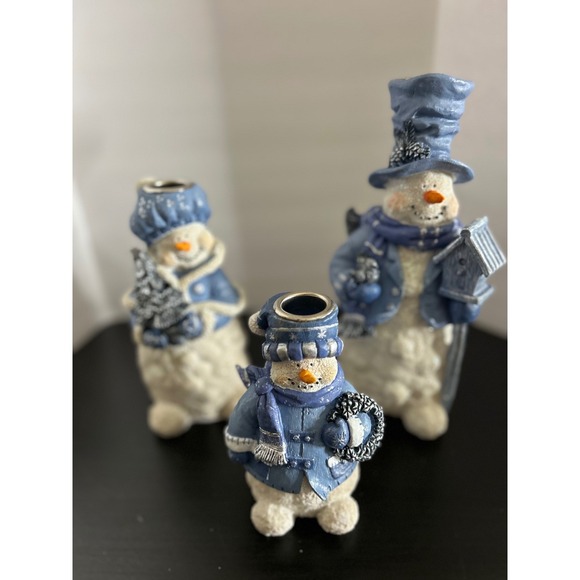 Collectible Other - Candle Holder Set Christmas Blue Snowman Resin Taper Trio Collectible Decor New